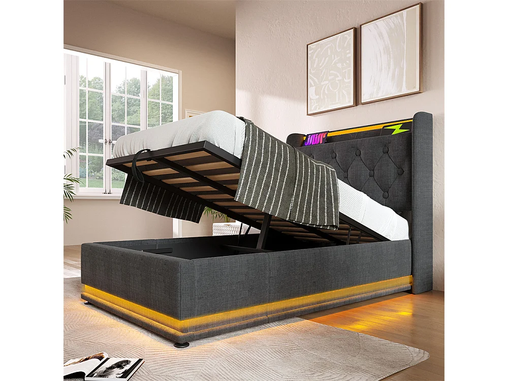 Volwassen bed 90x200 cm bed gestoffeerd hydraulisch bed hoofdsteun gewatteerd bed met usb type-c oplaadfunctie Eenpersoons linnen grijs