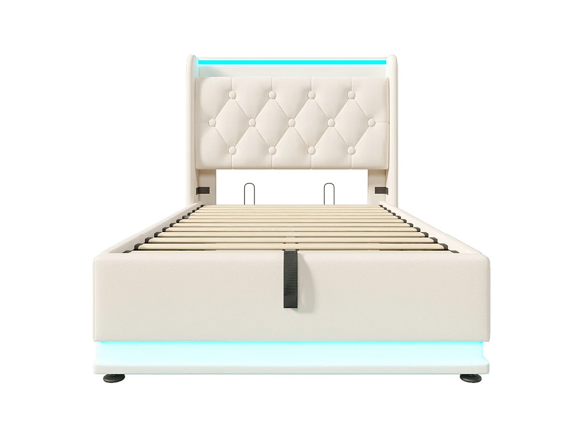 Lit adulte lit 90x200 cm lit rembourré hydraulique lit appui-tête rembourré avec fonction de recharge usb type-c Single pu blanc