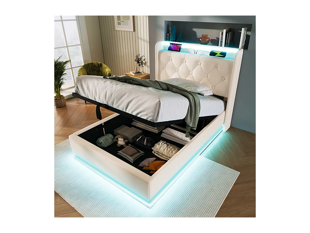 Lit adulte lit 90x200 cm lit rembourré hydraulique lit appui-tête rembourré avec fonction de recharge usb type-c Single pu blanc