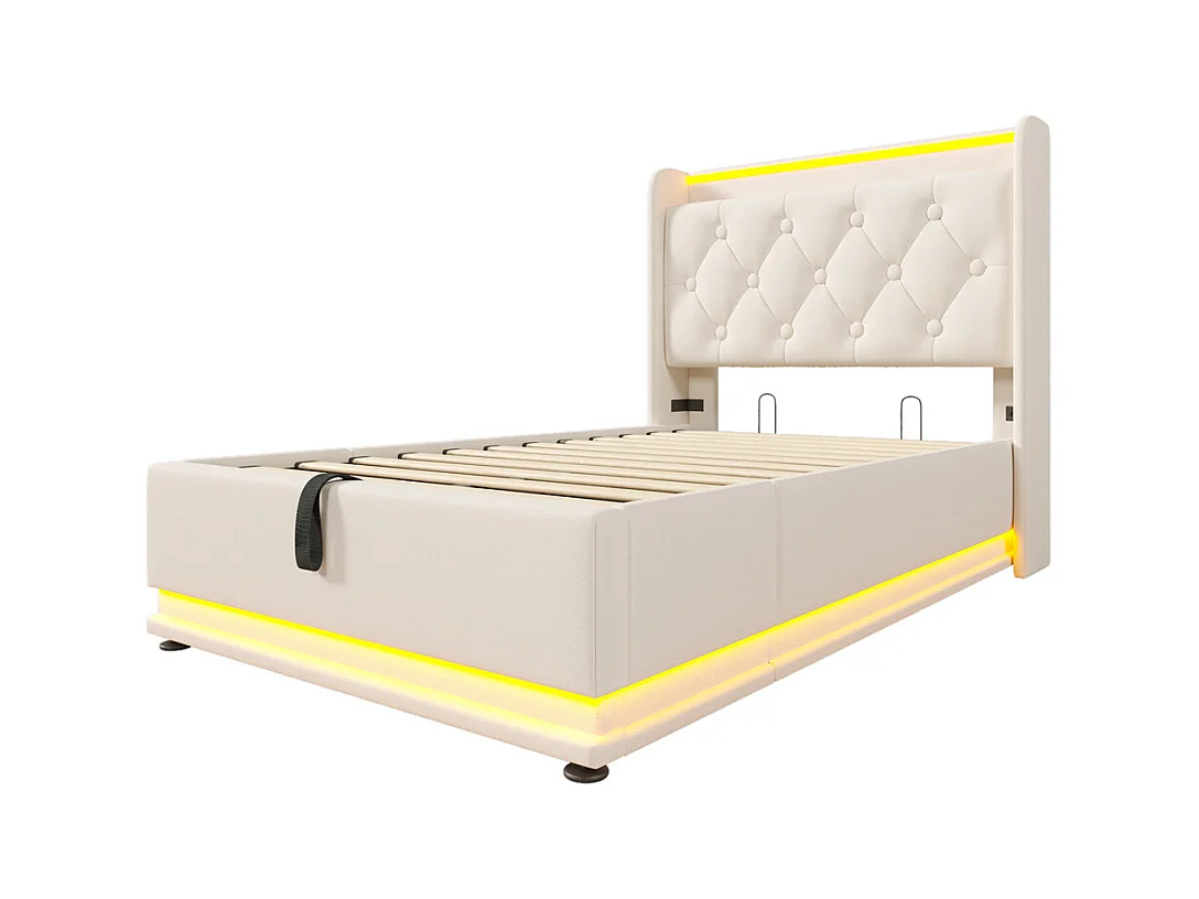 Lit adulte lit 90x200 cm lit rembourré hydraulique lit appui-tête rembourré avec fonction de recharge usb type-c Single pu blanc