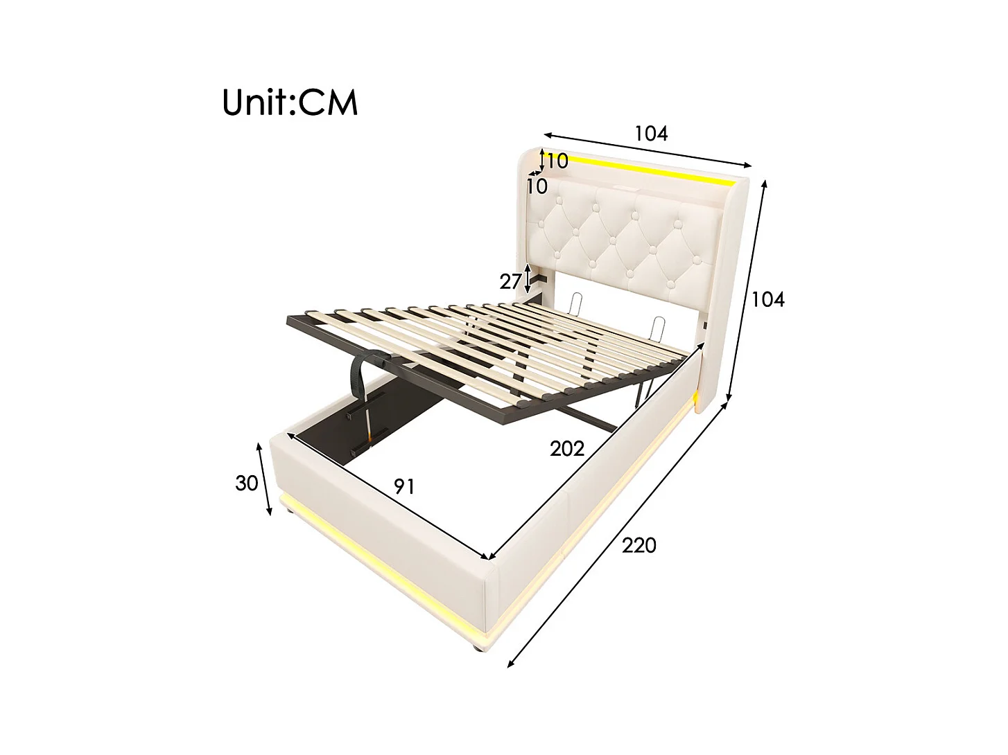 Lit adulte lit 90x200 cm lit rembourré hydraulique lit appui-tête rembourré avec fonction de recharge usb type-c Single pu blanc