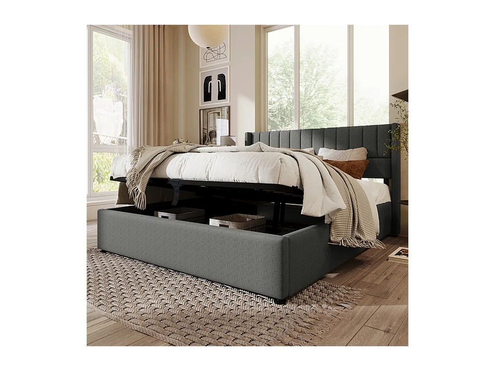 Hydraulisch gestoffeerd bed met opbergruimte 160x200 cm metalen bed houten lattenbodem tweepersoonsbed grijs linnen