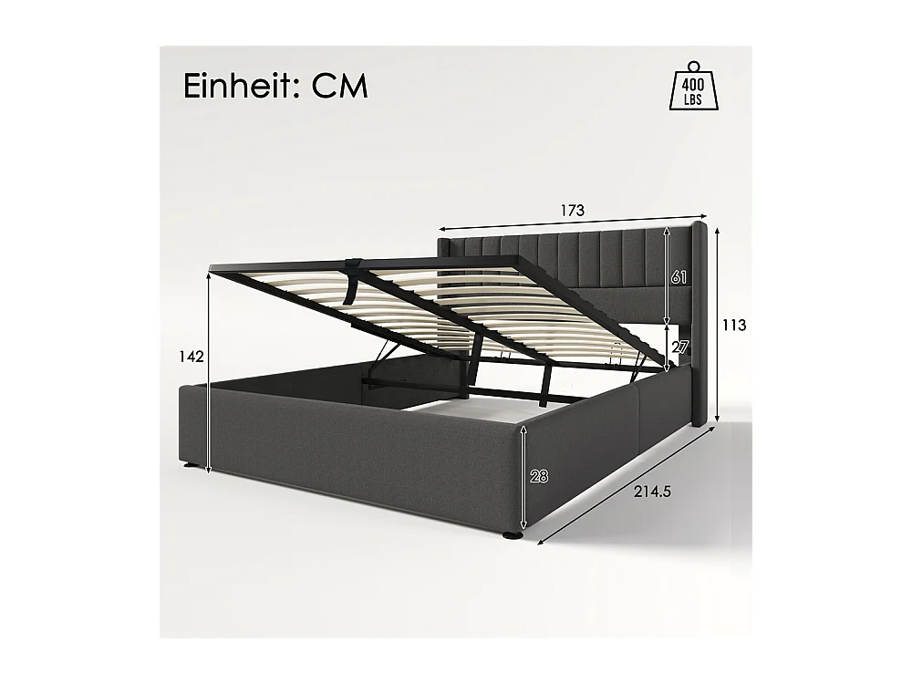 Hydraulisch gestoffeerd bed met opbergruimte 160x200 cm metalen bed houten lattenbodem tweepersoonsbed grijs linnen