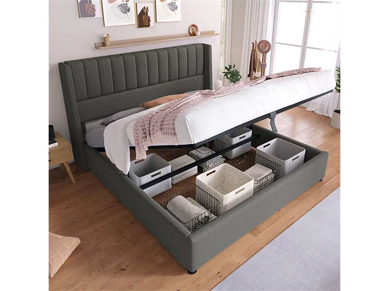 Hydraulisch gestoffeerd bed met opbergruimte 160x200 cm metalen bed houten lattenbodem tweepersoonsbed grijs linnen