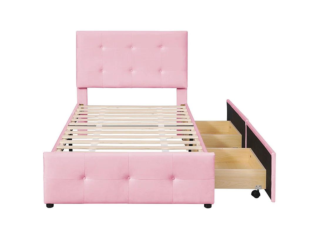 Lit adulte lit 90x200 cm lit rembourré lit 2 tiroirs lit sommier à lattes Single tissu en velours rose