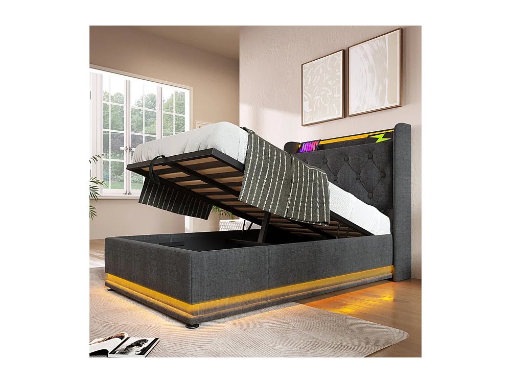 Lit adulte lit 90x200 cm lit rembourré hydraulique lit appui-tête rembourré avec fonction de recharge usb type-c Single lin gris