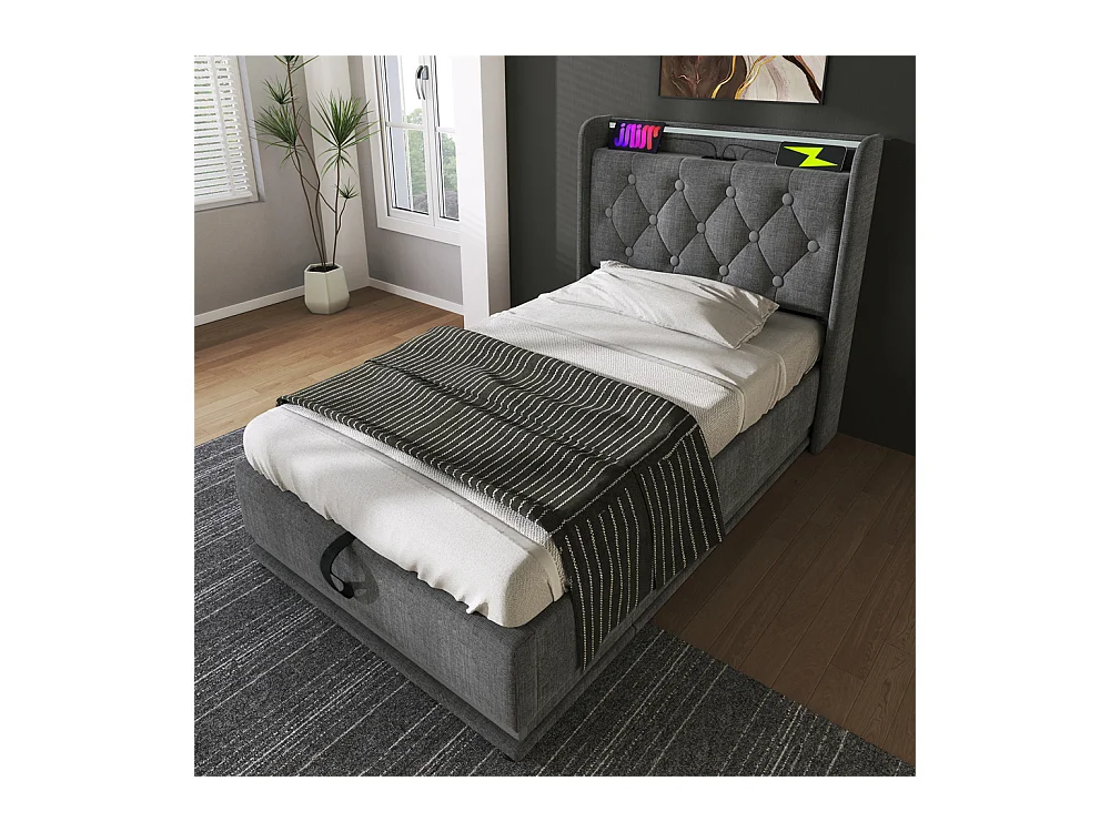 Lit adulte lit 90x200 cm lit rembourré hydraulique lit appui-tête rembourré avec fonction de recharge usb type-c Single lin gris