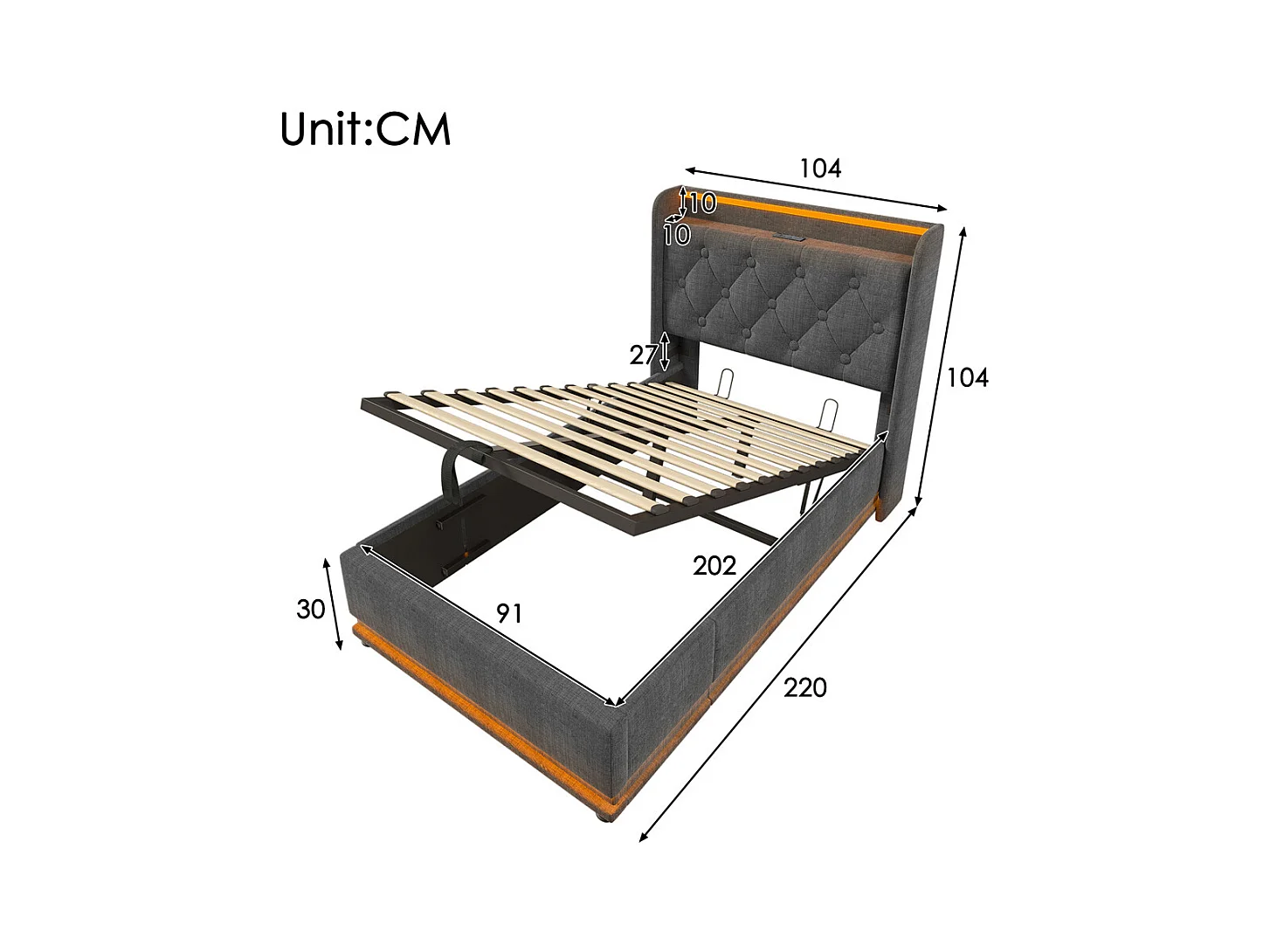 Lit adulte lit 90x200 cm lit rembourré hydraulique lit appui-tête rembourré avec fonction de recharge usb type-c Single lin gris