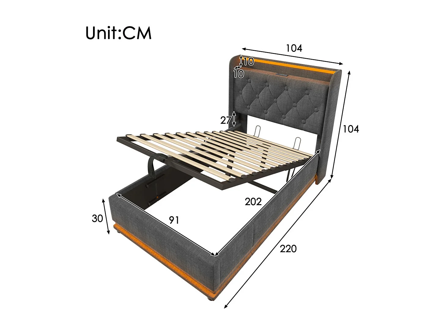 Lit adulte lit 90x200 cm lit rembourré hydraulique lit appui-tête rembourré avec fonction de recharge usb type-c Single lin gris