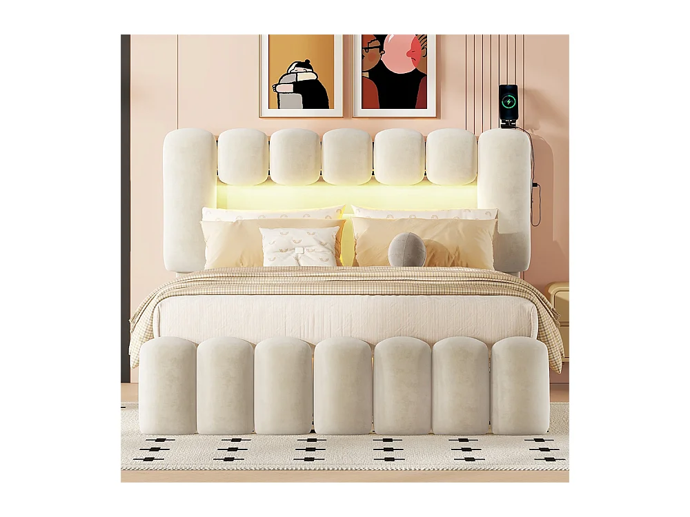 Volwassen bed 140x200 cm gestoffeerd bed met LED-lichtbalk 4-ladenbed met USB en stereo tweepersoonsbed beige fluweel