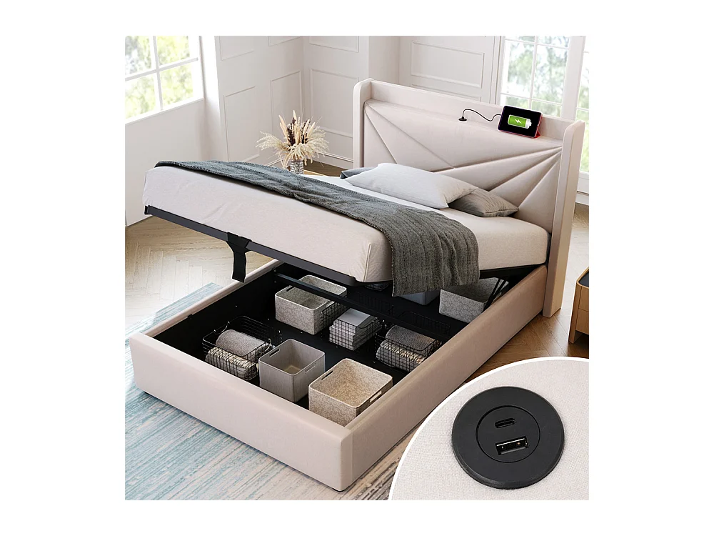 Lit rembourré lit coffre lit 90x200 cm lit de rangement lit tête de lit à fonction de charge usb type c Single coton lin beige