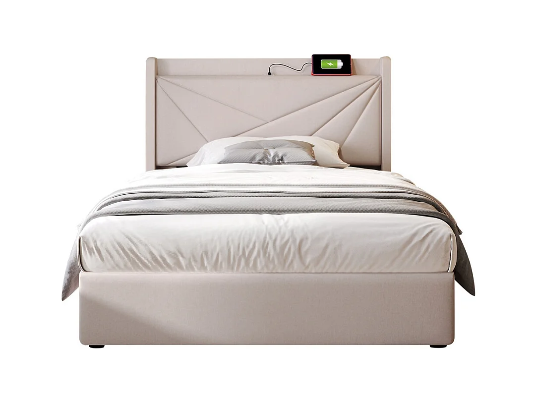 Lit rembourré lit coffre lit 90x200 cm lit de rangement lit tête de lit à fonction de charge usb type c Single coton lin beige
