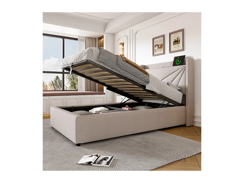 Lit rembourré lit coffre lit 90x200 cm lit de rangement lit tête de lit à fonction de charge usb type c Single coton lin beige