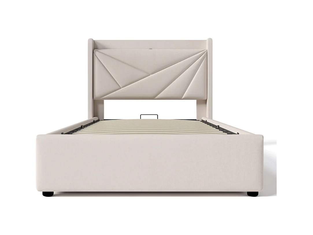 Lit rembourré lit coffre lit 90x200 cm lit de rangement lit tête de lit à fonction de charge usb type c Single coton lin beige