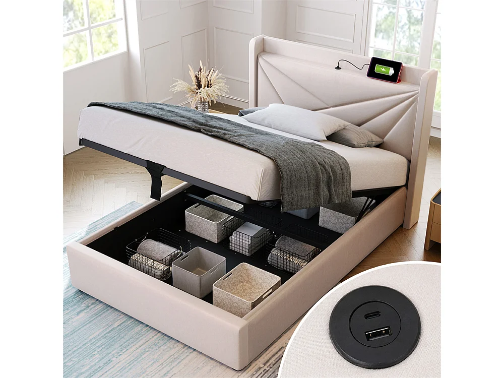 Lit rembourré lit coffre lit 90x200 cm lit de rangement lit tête de lit à fonction de charge usb type c Single coton lin beige