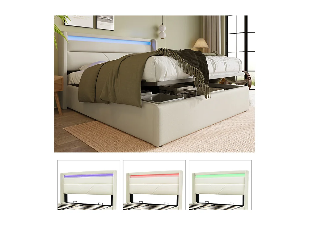 Lit adulte lit 160x200 cm lit rembourré hydraulique lit de rangement lit barre d'éclairage led lit double pu blanc
