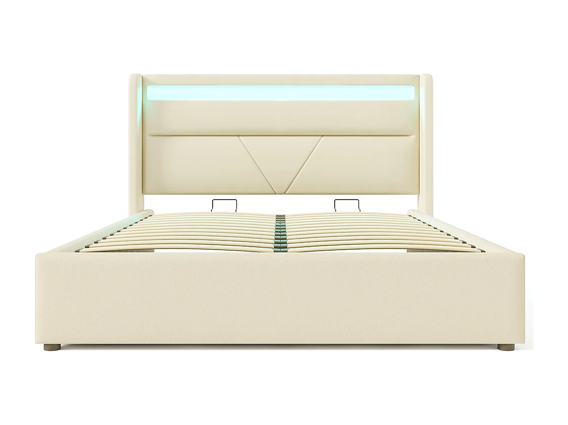 Lit adulte lit 160x200 cm lit rembourré hydraulique lit de rangement lit barre d'éclairage led lit double pu blanc