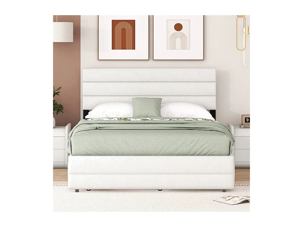 Volwassen bed 140x200 cm met nietmachine en twee lades tweepersoonsbed beige linnen