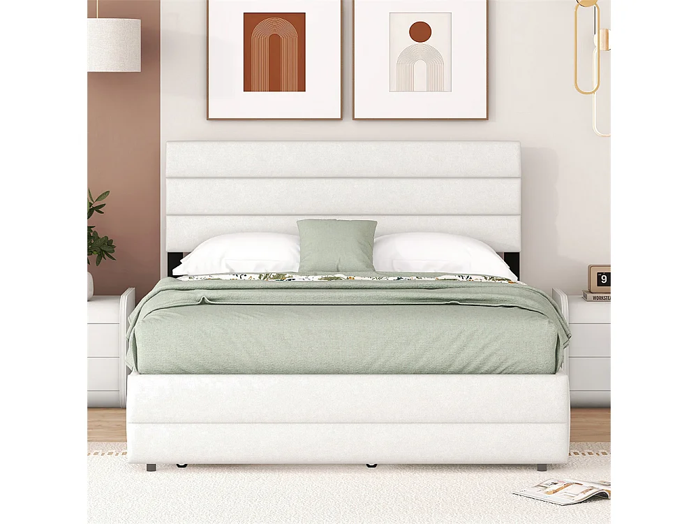 Volwassen bed 140x200 cm met nietmachine en twee lades tweepersoonsbed beige linnen