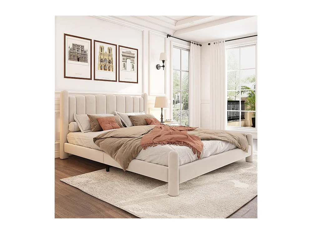 Volwassen bed gestoffeerd bed 180x200cm bedframe met houten lattenbodem bed cilindrische steunpoten beige fluweel