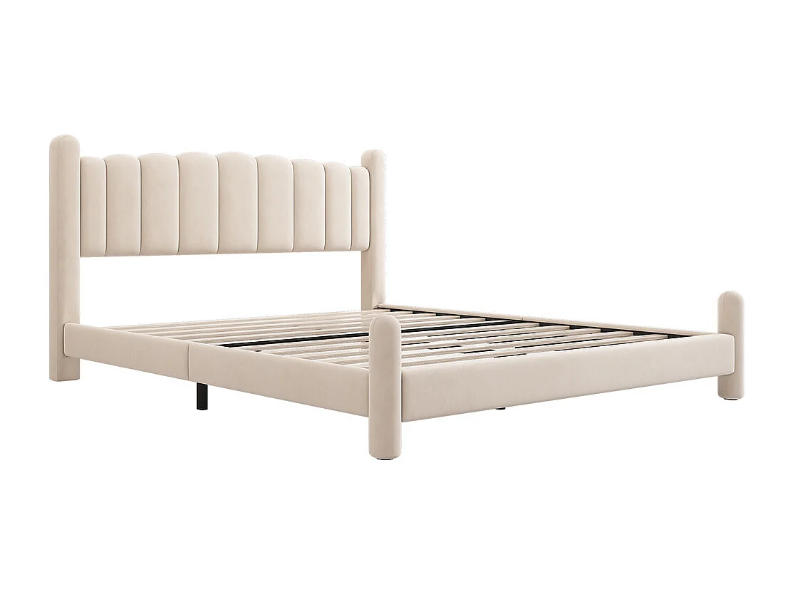Volwassen bed gestoffeerd bed 180x200cm bedframe met houten lattenbodem bed cilindrische steunpoten beige fluweel