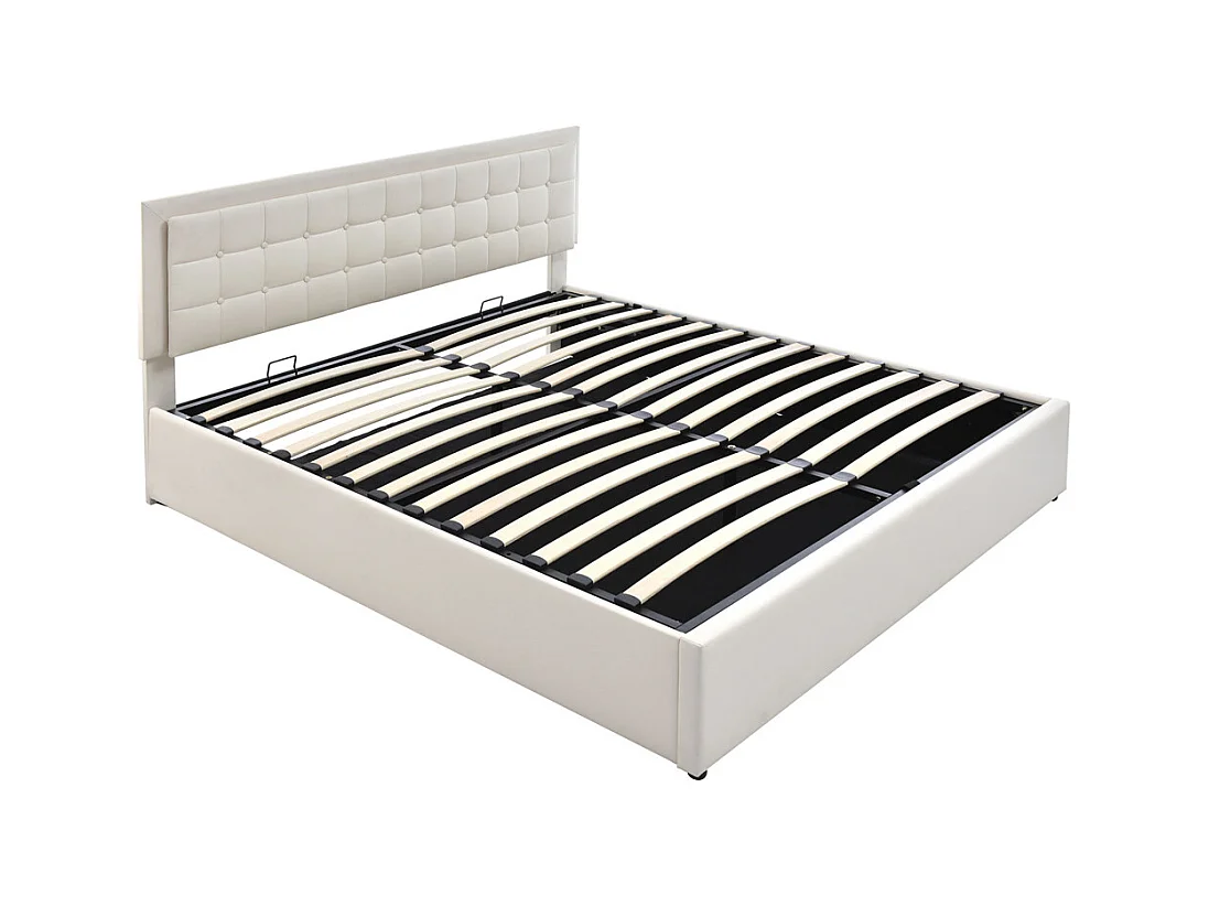 Volwassen bed 180x200 cm gestoffeerd bed opbergbed lattenbodem led-verlichtingsbalk tweepersoonsbed wit PU-leer