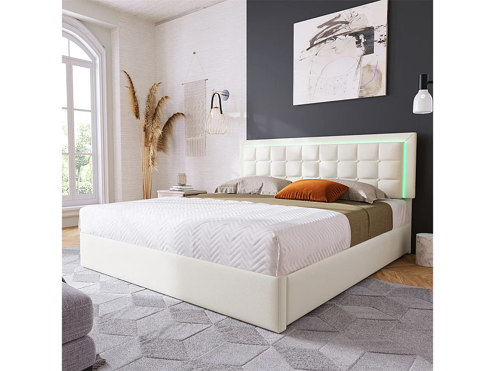 Volwassen bed 180x200 cm gestoffeerd bed opbergbed lattenbodem led-verlichtingsbalk tweepersoonsbed wit PU-leer