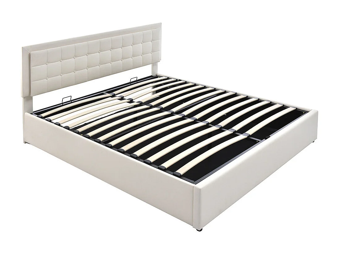 Volwassen bed 180x200 cm gestoffeerd bed opbergbed lattenbodem led-verlichtingsbalk tweepersoonsbed wit PU-leer