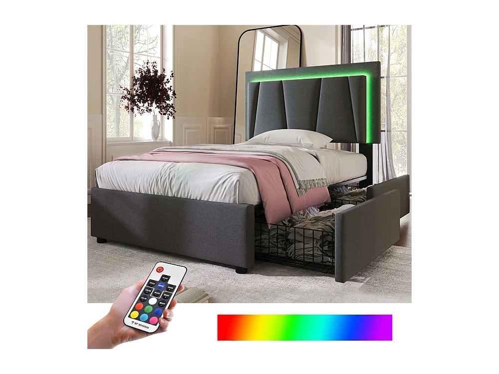 Volwassen bed 90x200 cm bed gestoffeerd bed led verlichting bed 2 laden bed houten lattenbodem Eenpersoons grijs linnen