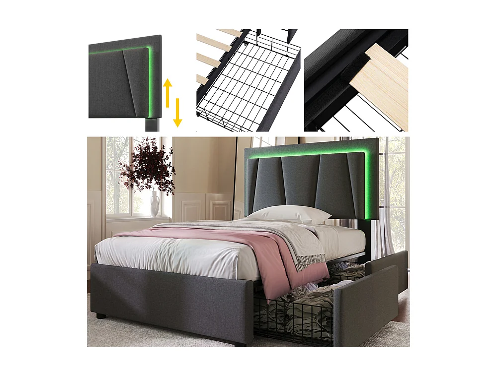 Volwassen bed 90x200 cm bed gestoffeerd bed led verlichting bed 2 laden bed houten lattenbodem Eenpersoons grijs linnen