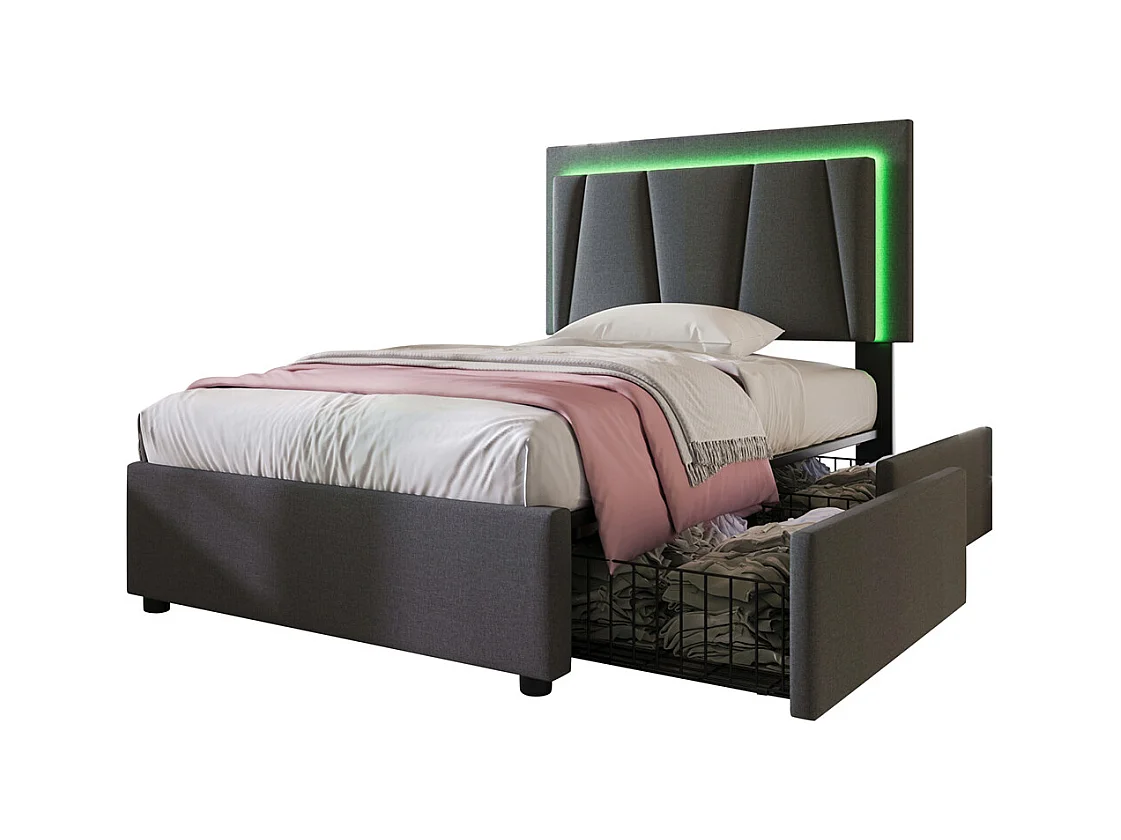 Volwassen bed 90x200 cm bed gestoffeerd bed led verlichting bed 2 laden bed houten lattenbodem Eenpersoons grijs linnen