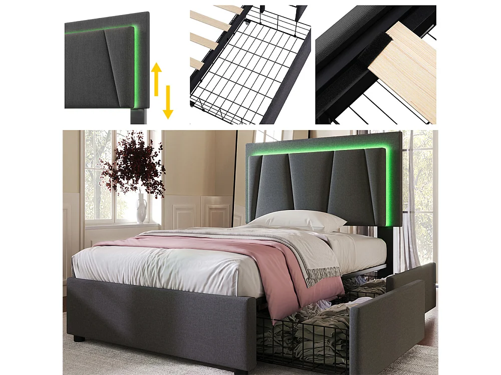 Volwassen bed 90x200 cm bed gestoffeerd bed led verlichting bed 2 laden bed houten lattenbodem Eenpersoons grijs linnen