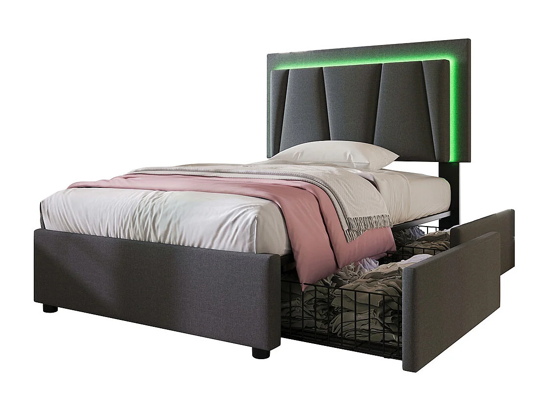 Volwassen bed 90x200 cm bed gestoffeerd bed led verlichting bed 2 laden bed houten lattenbodem Eenpersoons grijs linnen