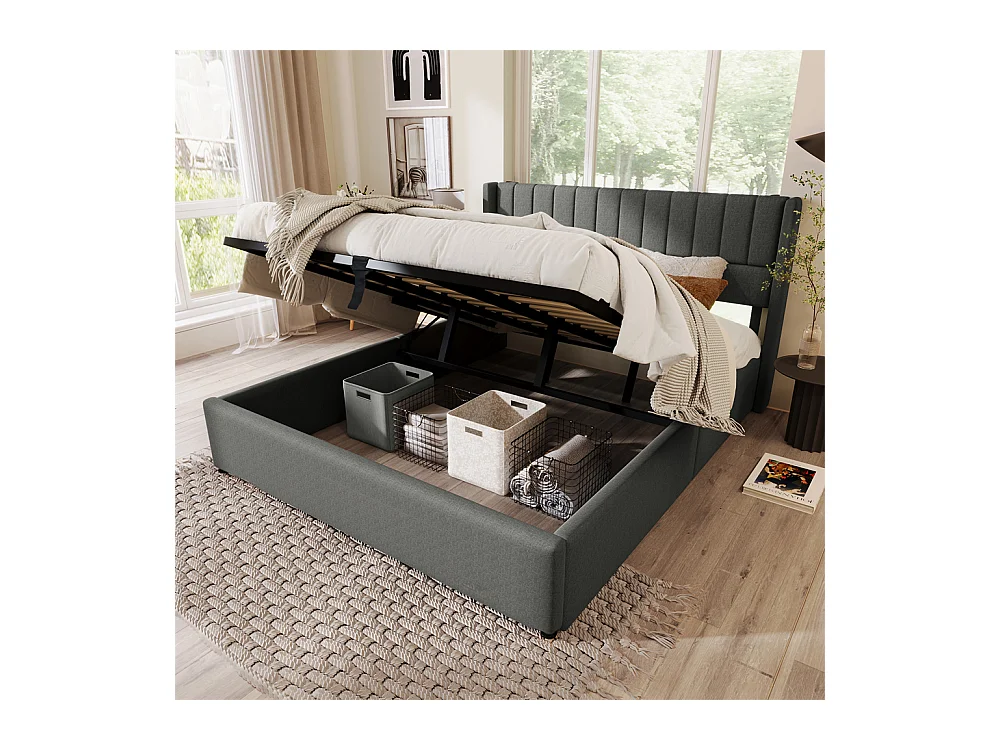 Hydraulisch gestoffeerd bed met opbergruimte 180x200 cm metalen bed houten lattenbodem tweepersoonsbed grijs linnen