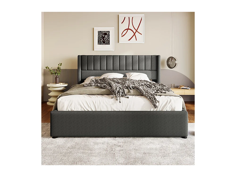 Hydraulisch gestoffeerd bed met opbergruimte 180x200 cm metalen bed houten lattenbodem tweepersoonsbed grijs linnen