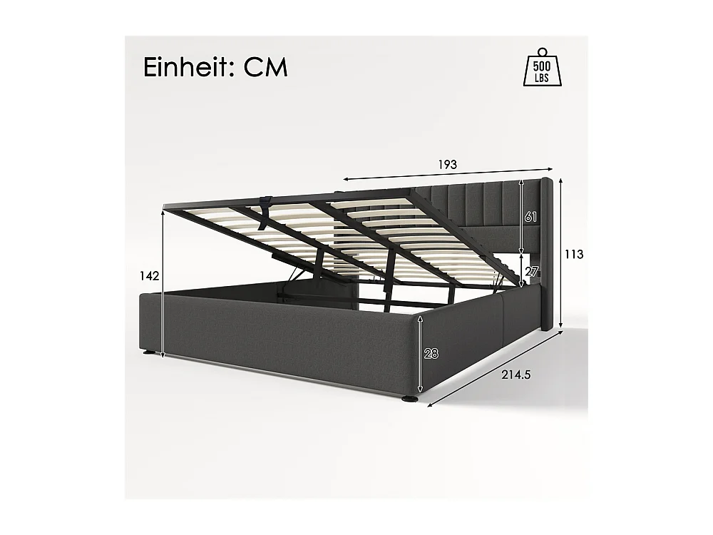 Hydraulisch gestoffeerd bed met opbergruimte 180x200 cm metalen bed houten lattenbodem tweepersoonsbed grijs linnen