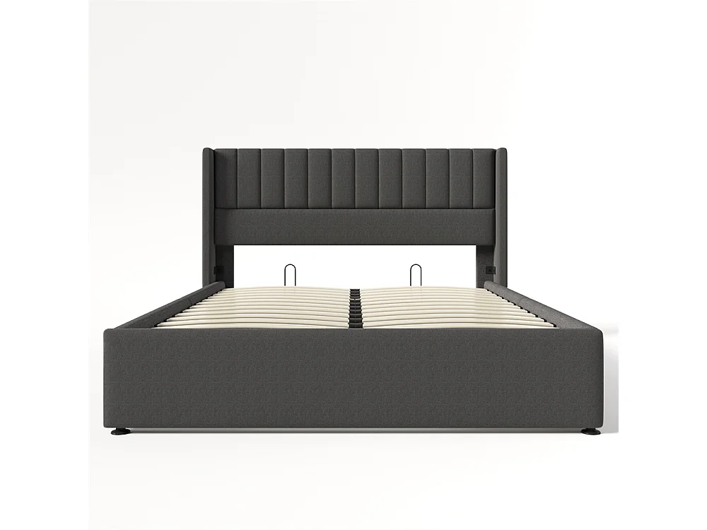 Hydraulisch gestoffeerd bed met opbergruimte 180x200 cm metalen bed houten lattenbodem tweepersoonsbed grijs linnen