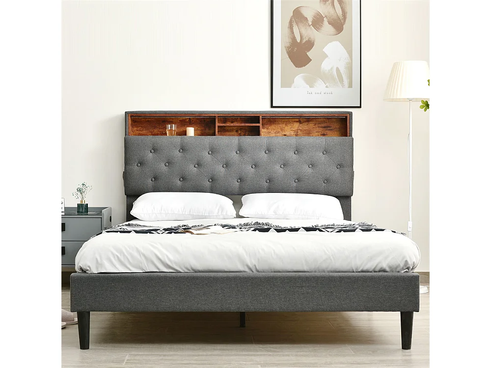 Gestoffeerd bed 140x200cm opbergruimte hoofdbord led verlichting bed houten lattenbodem tweepersoonsbed grijs linnen