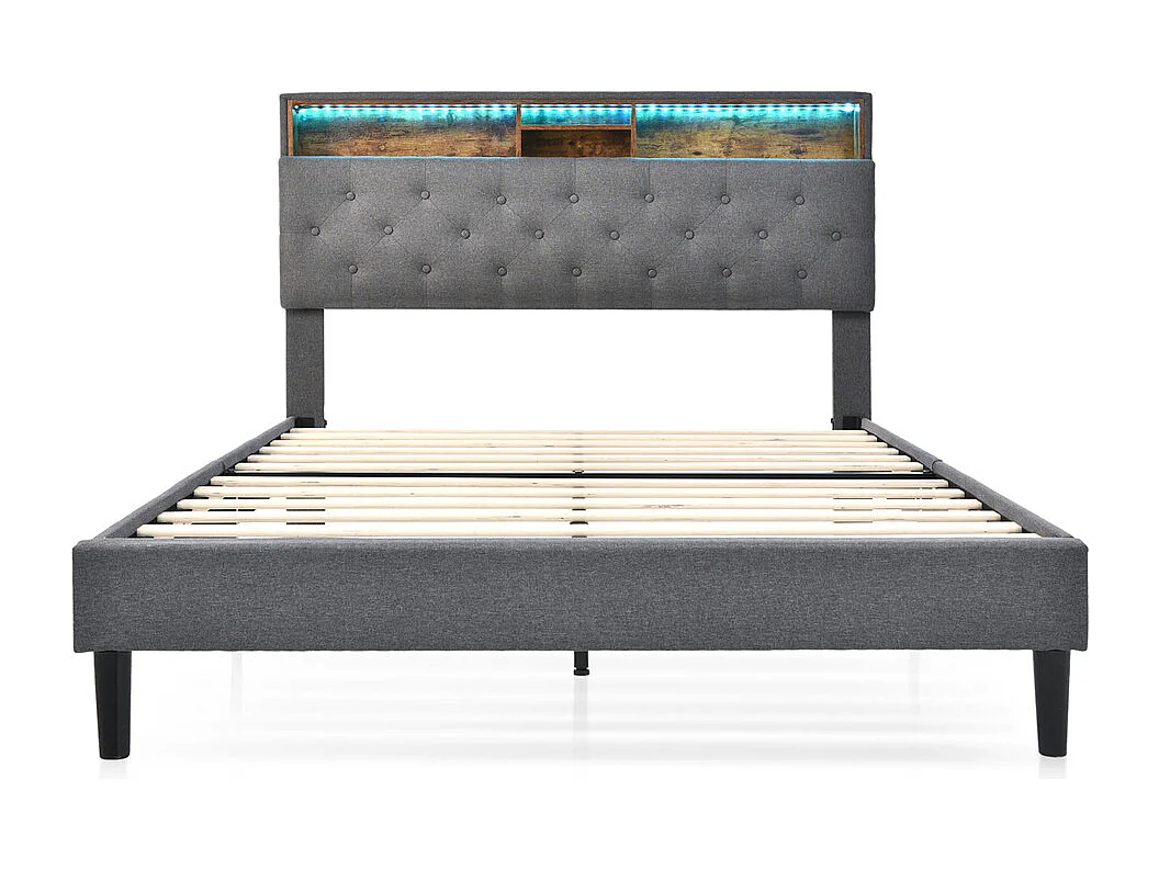 Gestoffeerd bed 140x200cm opbergruimte hoofdbord led verlichting bed houten lattenbodem tweepersoonsbed grijs linnen