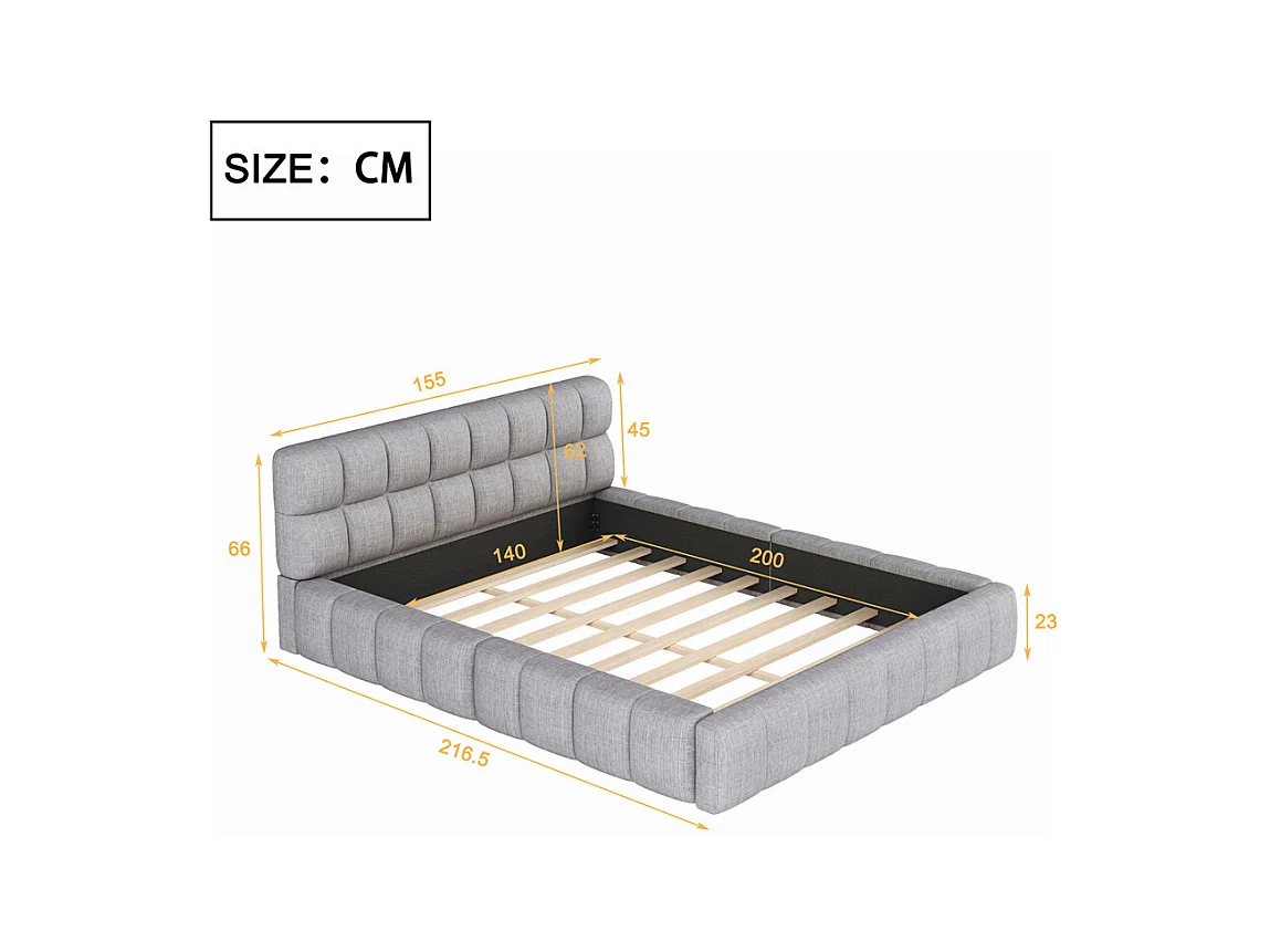 Volwassen bed 140x200 cm gestoffeerd bed met lattenbodem tweepersoonsbed lichtgrijs linnen