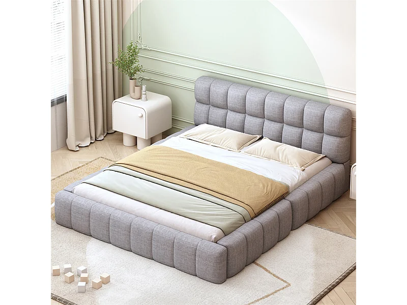 Volwassen bed 140x200 cm gestoffeerd bed met lattenbodem tweepersoonsbed lichtgrijs linnen