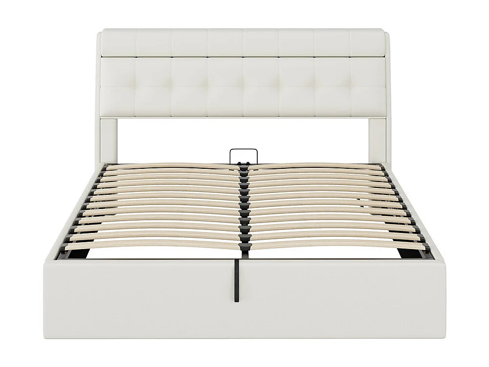 Volwassen bed 160x200 cm hydraulisch gestoffeerd tweepersoonsbed met crème witte PU lattenbodem
