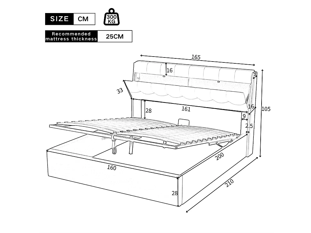 Volwassen bed 160x200 cm hydraulisch gestoffeerd tweepersoonsbed met crème witte PU lattenbodem