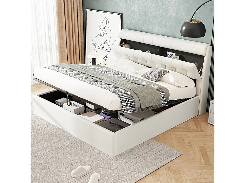Volwassen bed 160x200 cm hydraulisch gestoffeerd tweepersoonsbed met crème witte PU lattenbodem