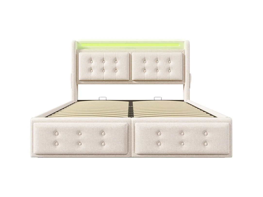 Lit adulte lit 160x200 cm lit rembourré hydraulique avec sommier en bois lit double coton lin beige