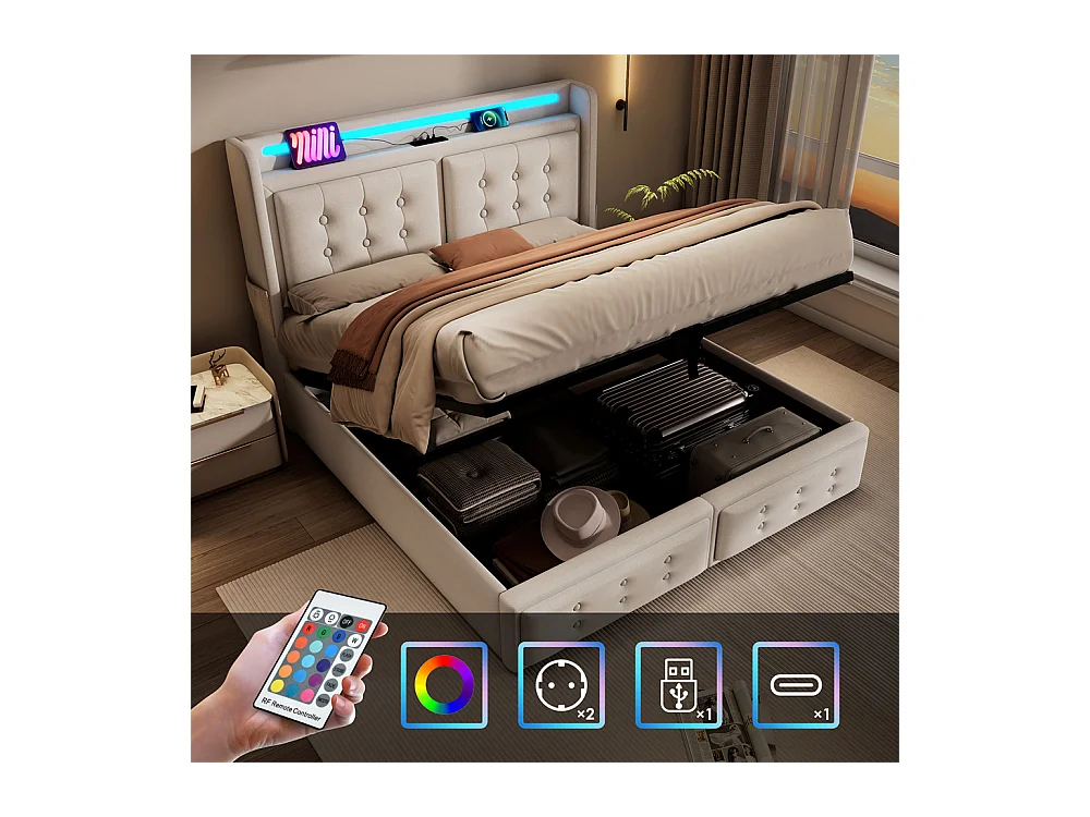 Lit adulte lit 160x200 cm lit rembourré hydraulique avec sommier en bois lit double coton lin beige