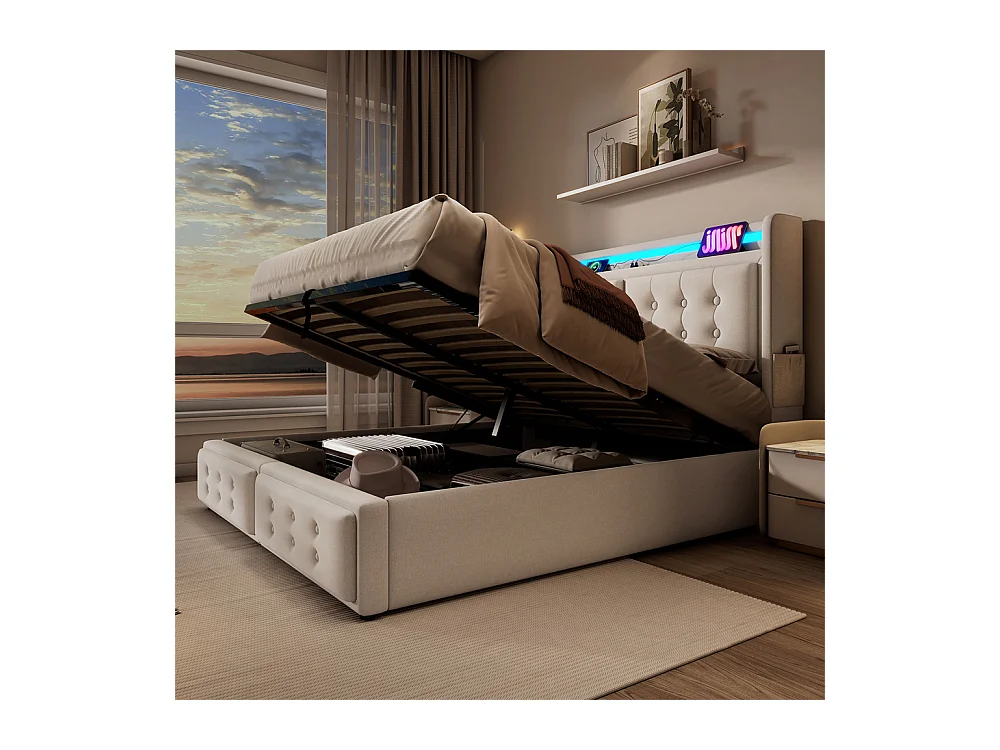 Lit adulte lit 160x200 cm lit rembourré hydraulique avec sommier en bois lit double coton lin beige