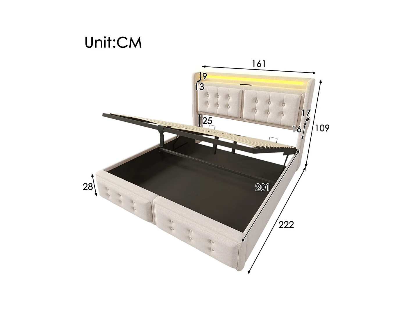 Lit adulte lit 160x200 cm lit rembourré hydraulique avec sommier en bois lit double coton lin beige