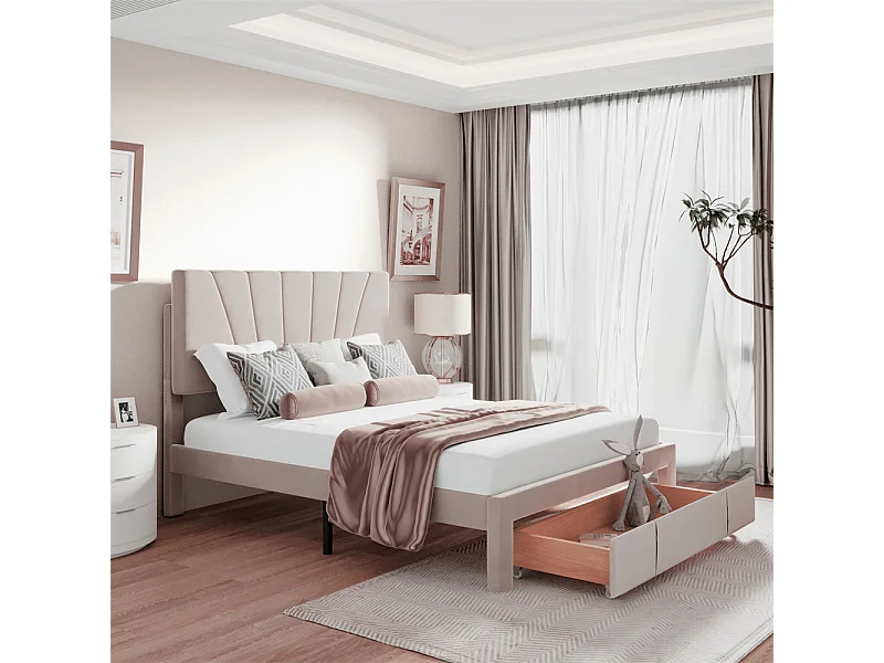 Lit adulte lit 140x200 cm lit rembourré lit sommier à lattes lit 1 grand tiroir lit double velours beige