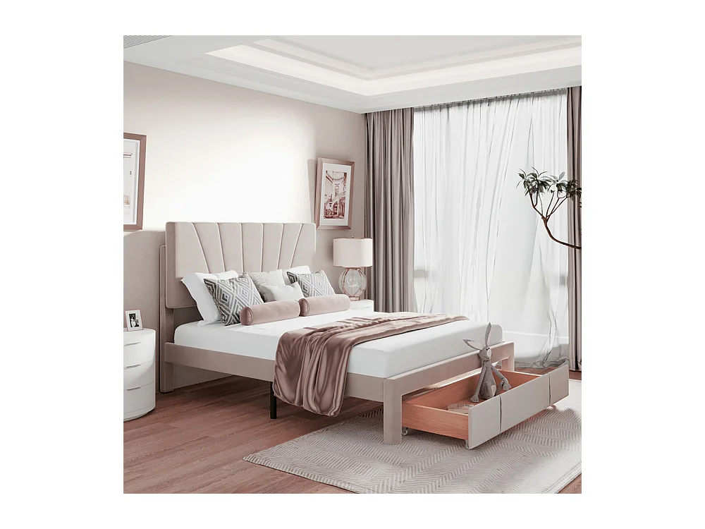 Lit adulte lit 140x200 cm lit rembourré lit sommier à lattes lit 1 grand tiroir lit double velours beige